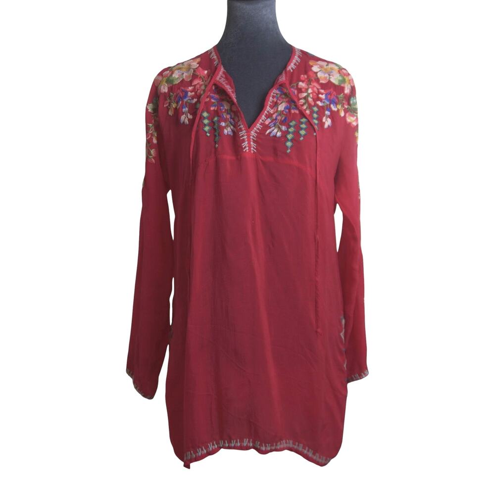 Johnny Was Berry Pink Embroidered Tunic Top Petite Small PS Boho Floral Rayon - Picture 15 of 16
